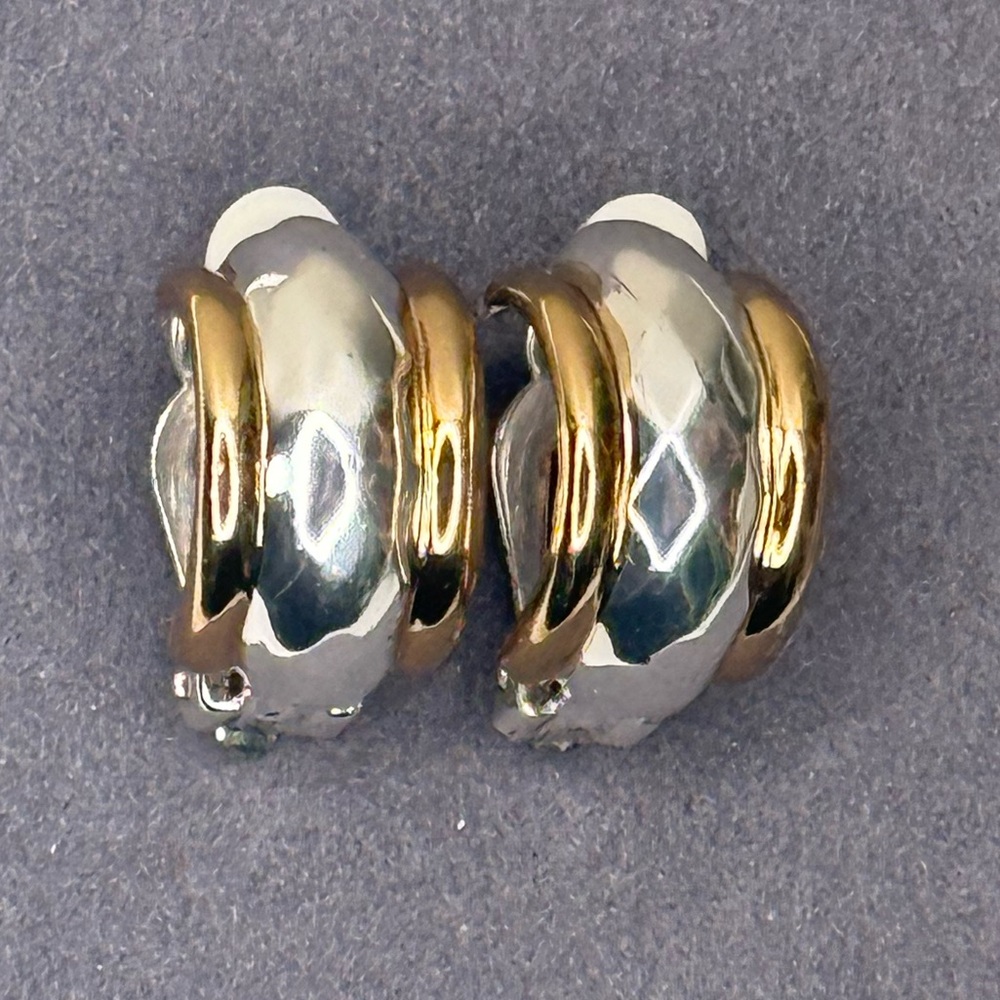 Vintage Givenchy Two Tone Dome Clip Earrings Gold Silver Ribbed Designer 90s - Picture 2 of 11
